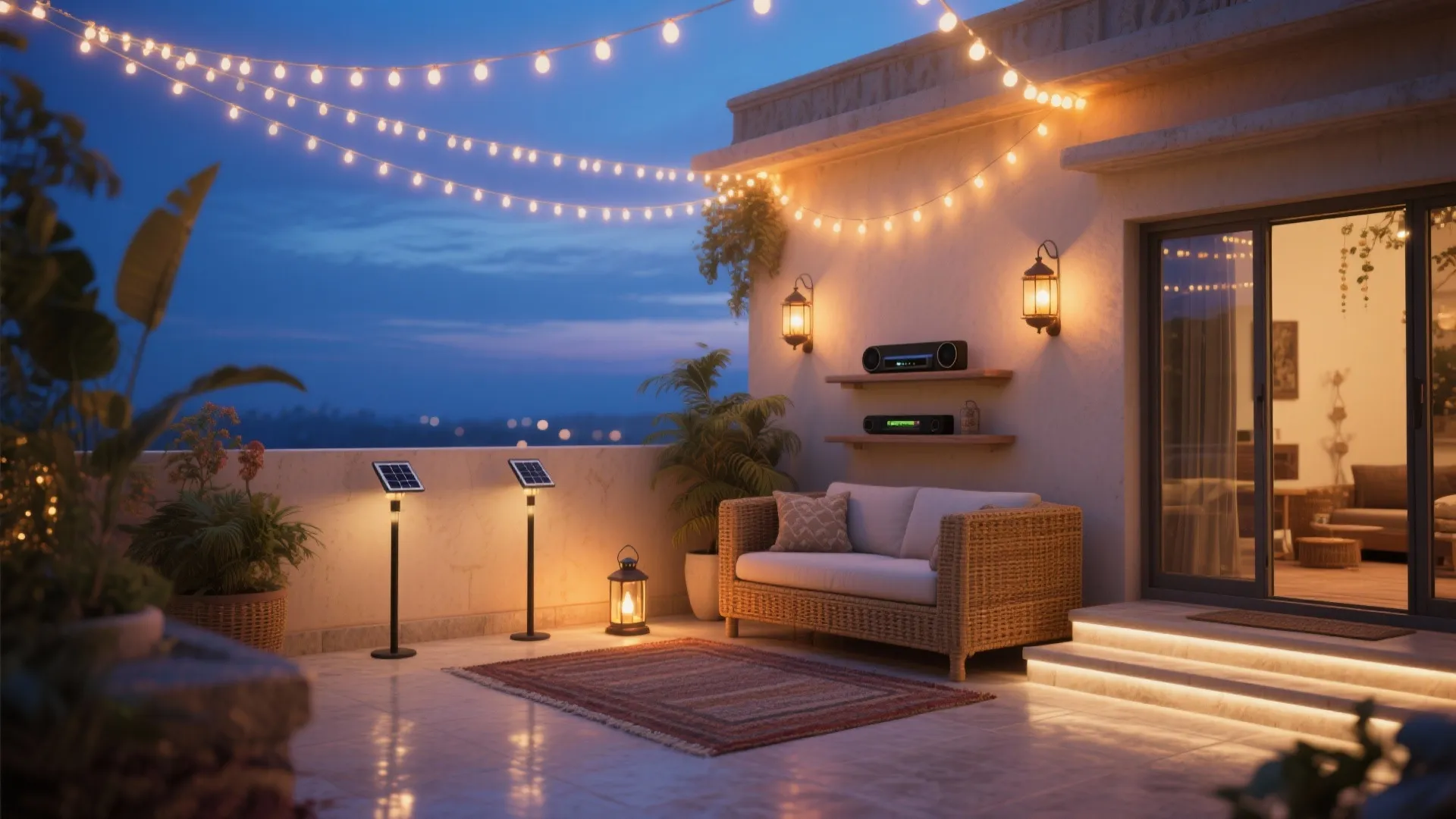 Cozy rooftop terrace at night with string lights solar lamps wicker sofa and patterned rug