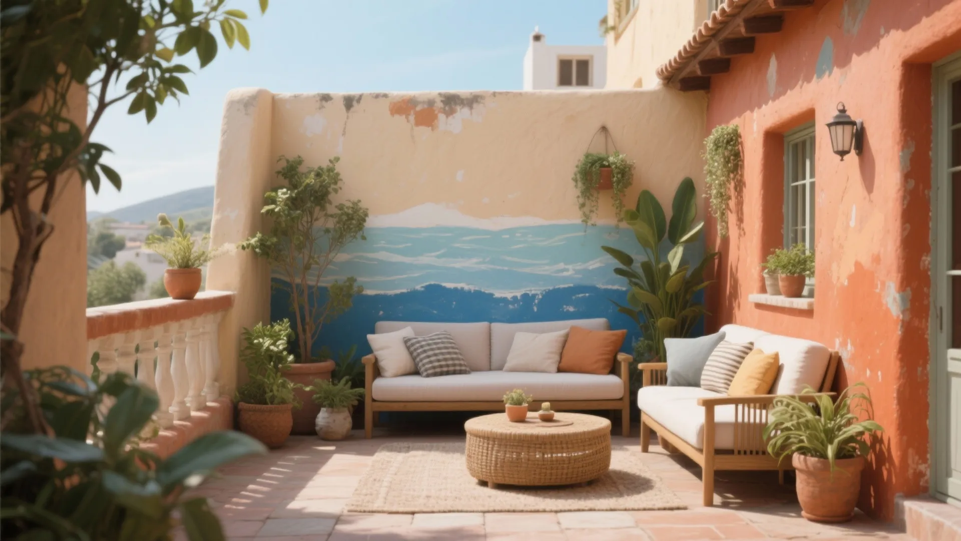 Rustic terrace with orange walls wave mural wooden sofas round coffee table and green plants