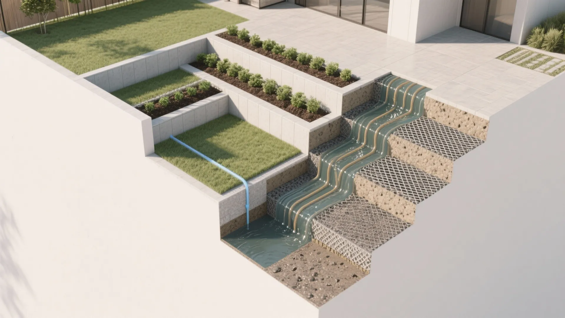 Green Terraced Wall with Planter Bands