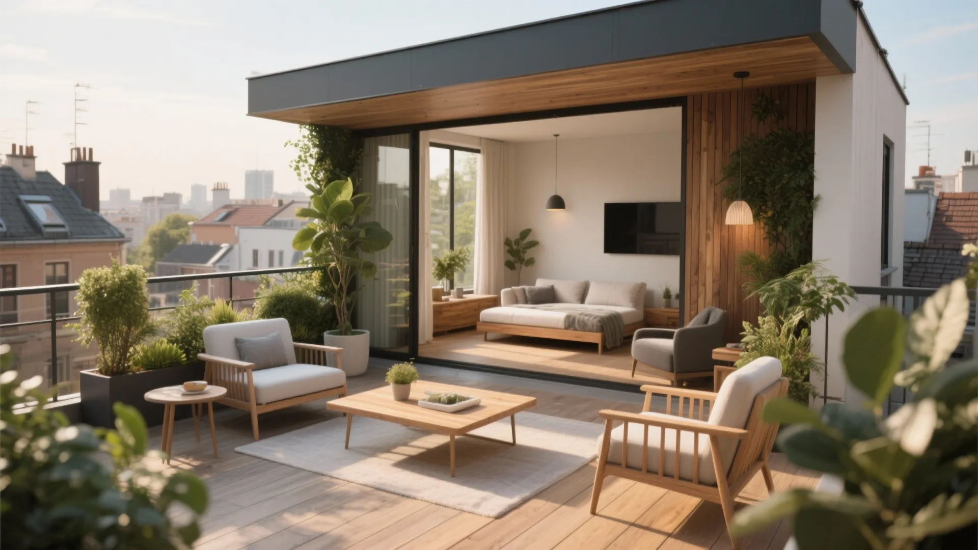 Modern rooftop terrace with wooden floor, comfortable outdoor chairs, coffee table, and open bedroom access