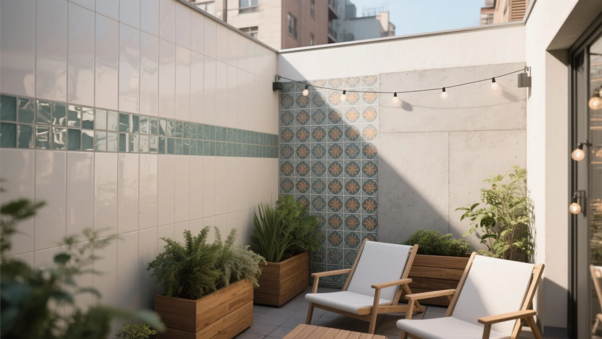 Outdoor patio with white tiled walls patterned accents wooden chairs green plants and string light decoration