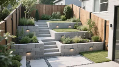 Modern Tiered Backyard Garden with Stone Stepping