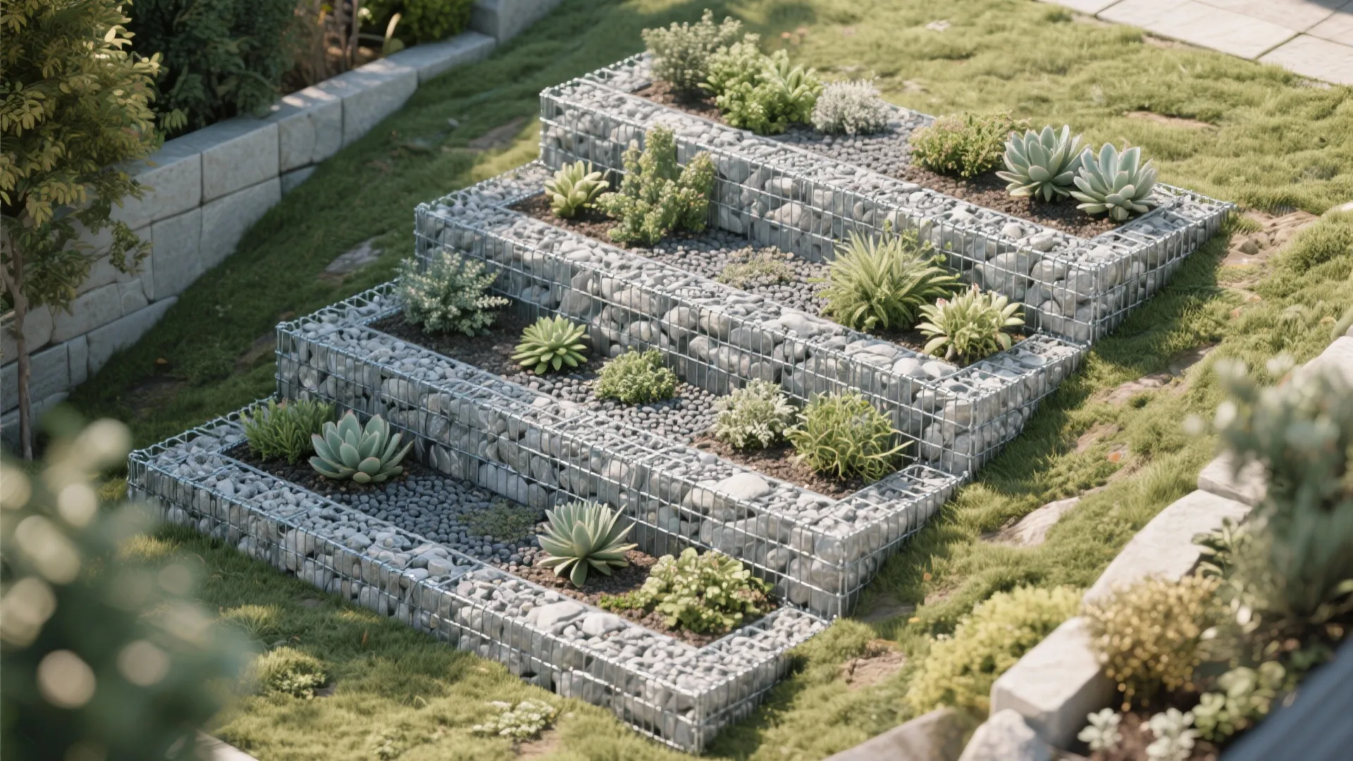 3. Terraced gabion retaining beds with integrated planting