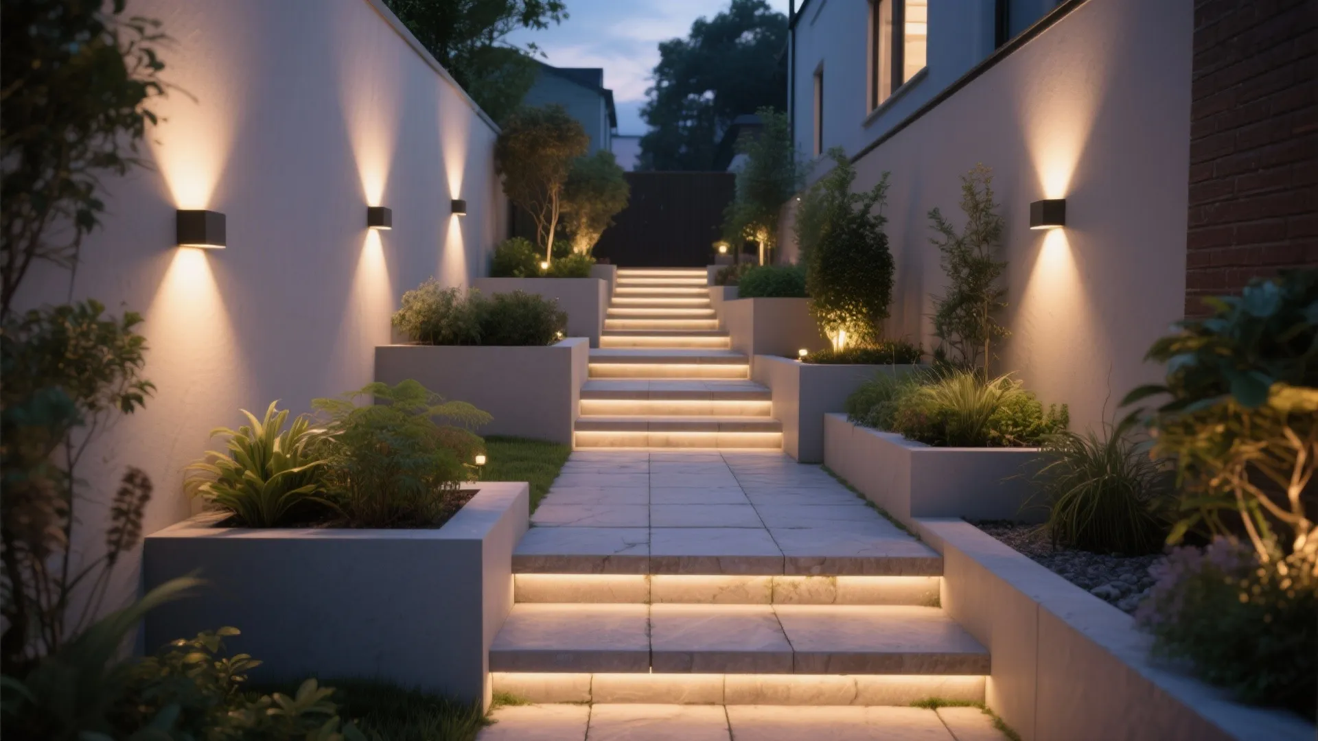 Narrow terraced garden at evening with up-down wall washes and low path lights marking steps