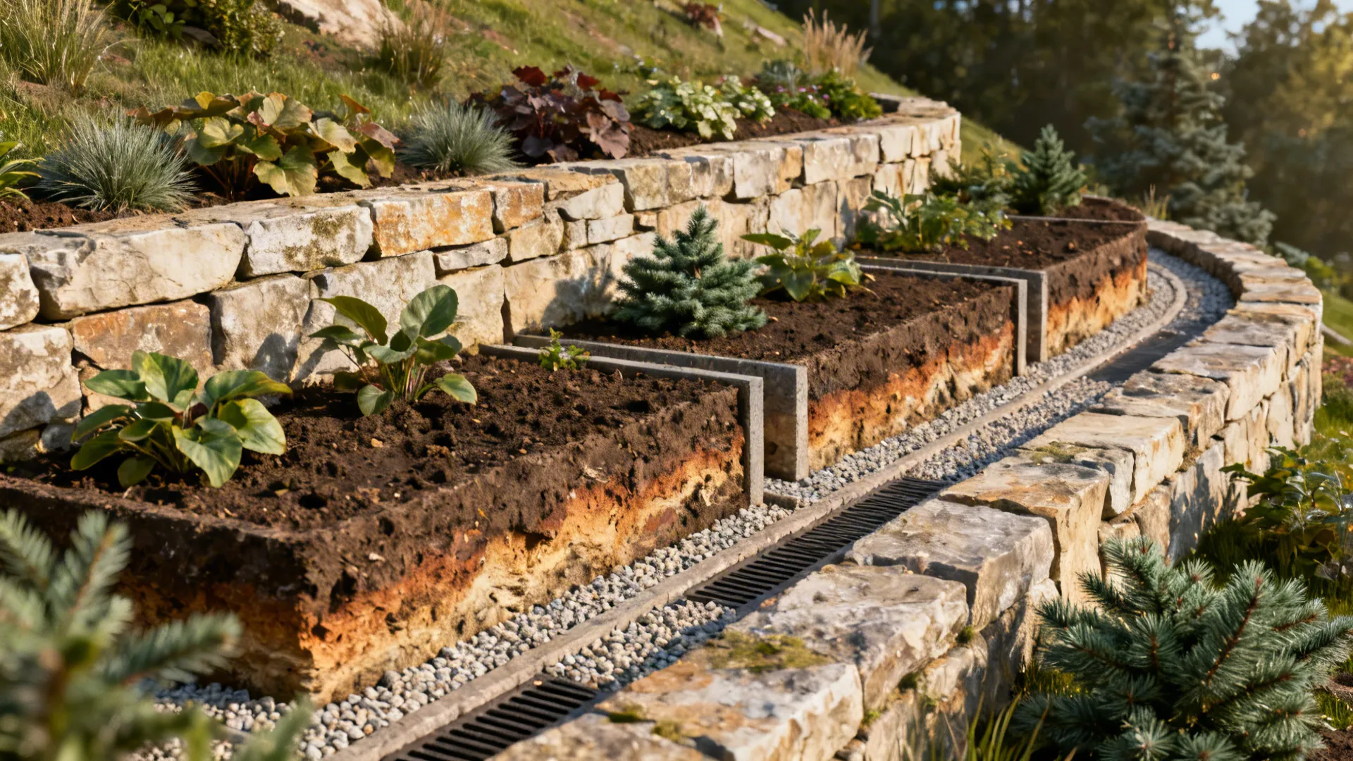 Natural-stone terraced mini-gardens with drainage channels on a small slope.