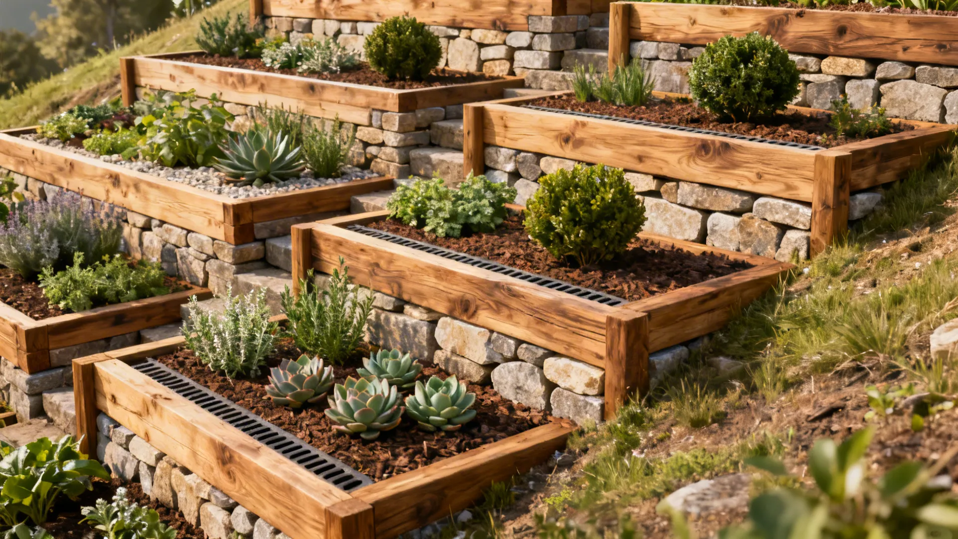 Terraced mini-gardens with stacked timber retaining walls and varied plant pockets.