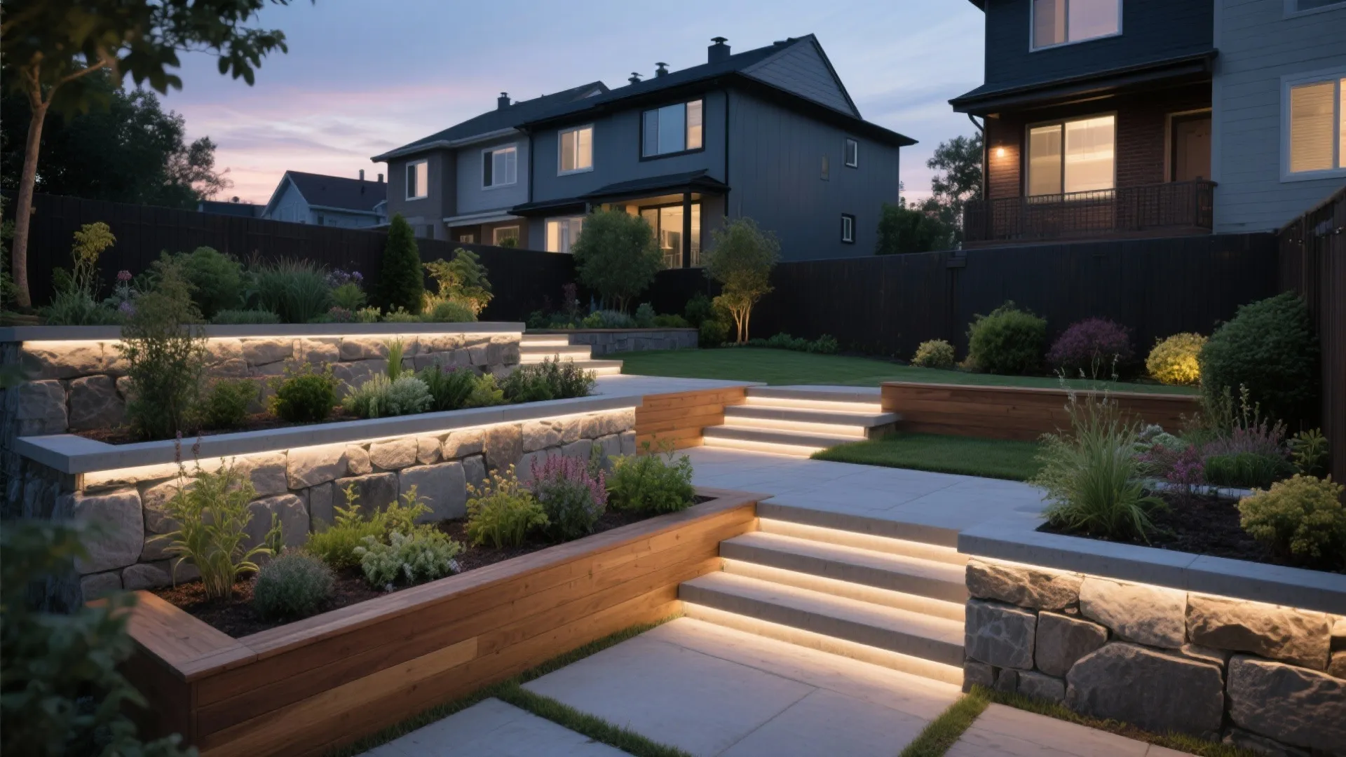 5) Terraced planters with integrated steps and lighting