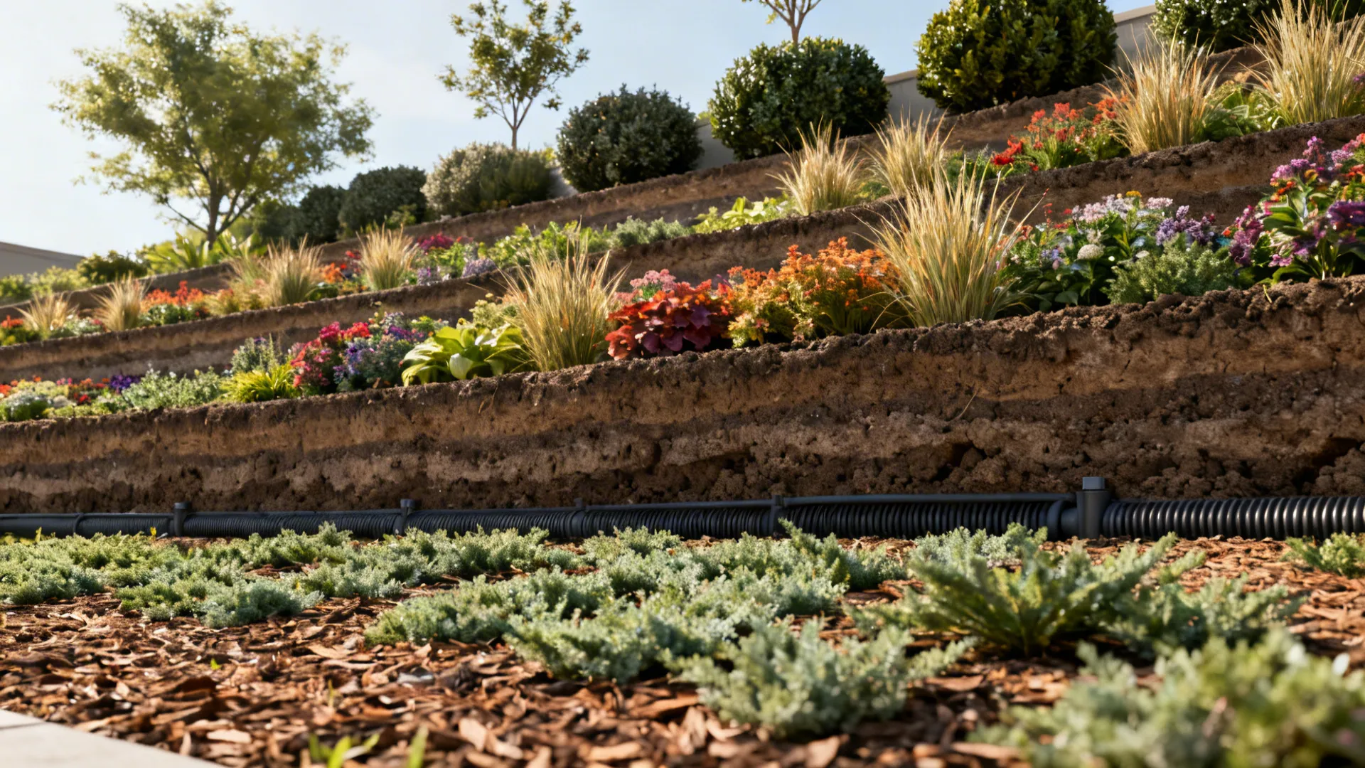 Terraced planting beds with groundcovers, perennials and shrubs on a split-level slope.