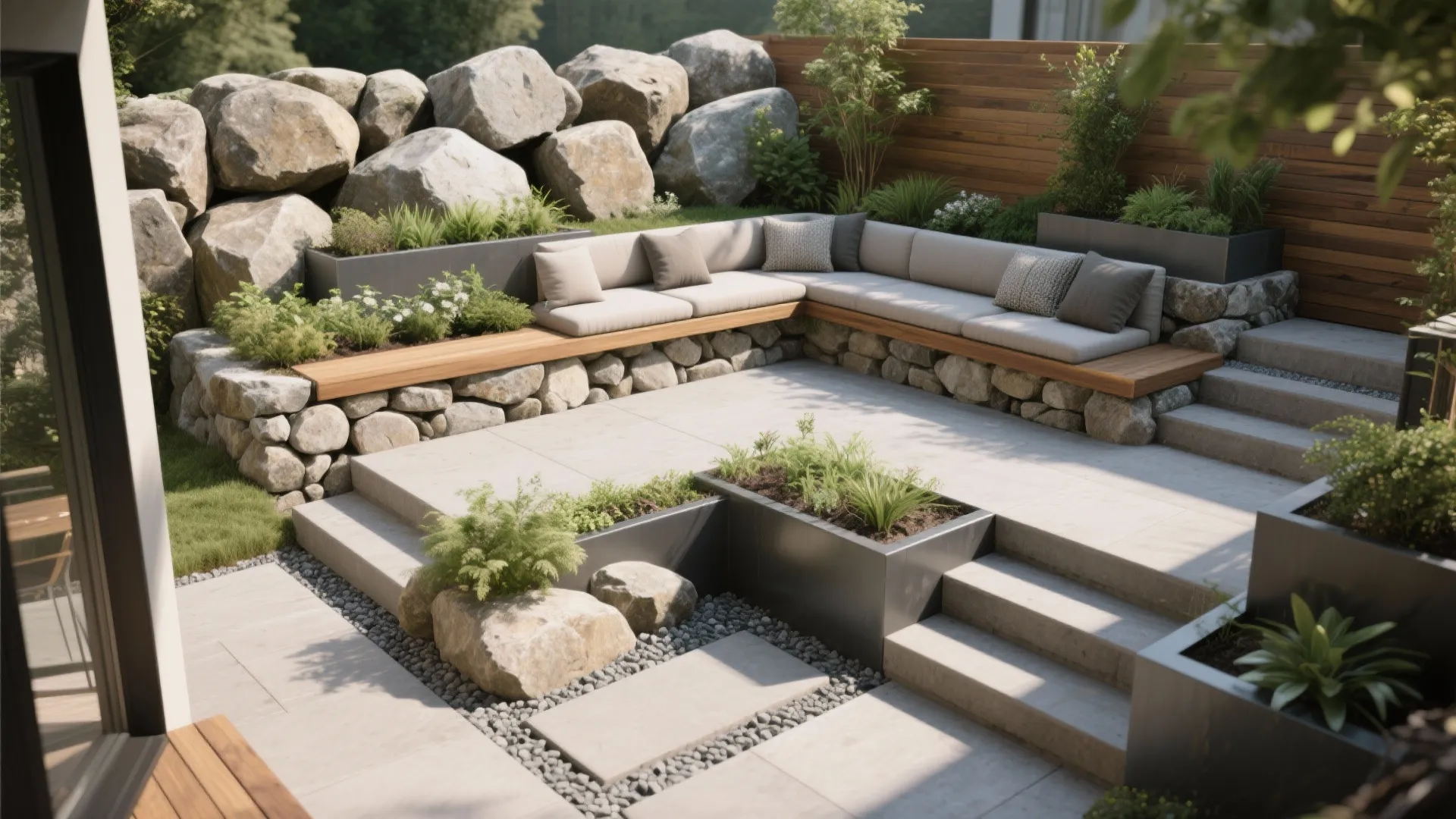 Terraced Levels with Built-In Seating and Planters
