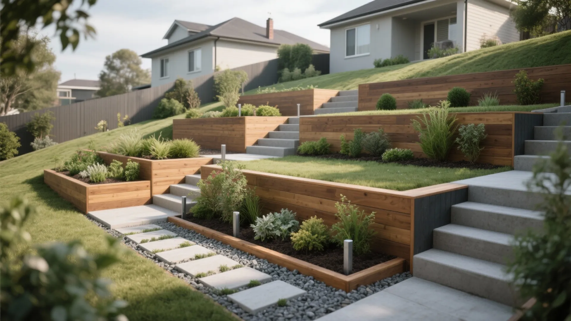 3) Terraced Planters and Integrated Steps