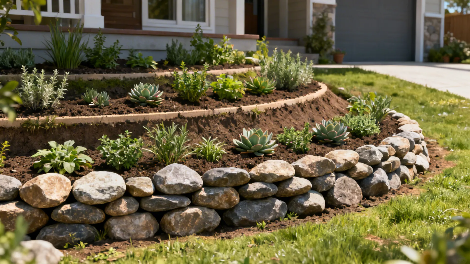 Small terraced planting supported by stacked boulders creating micro-terraces for herbs and succulents.
