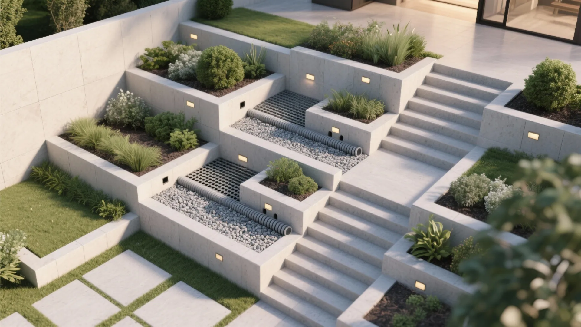 5) Terraced planters with integrated steps and lighting