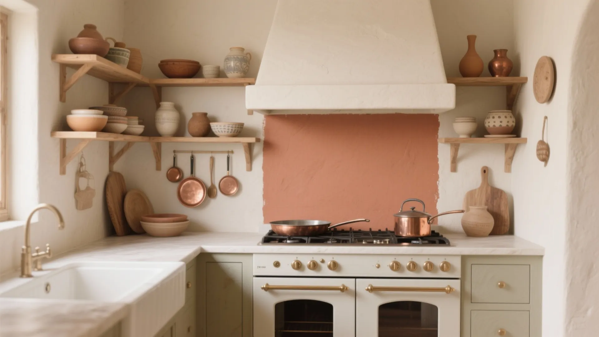 Rustic kitchen with white stove, terracotta accent wall, wood open shelves, and copper cooking pots