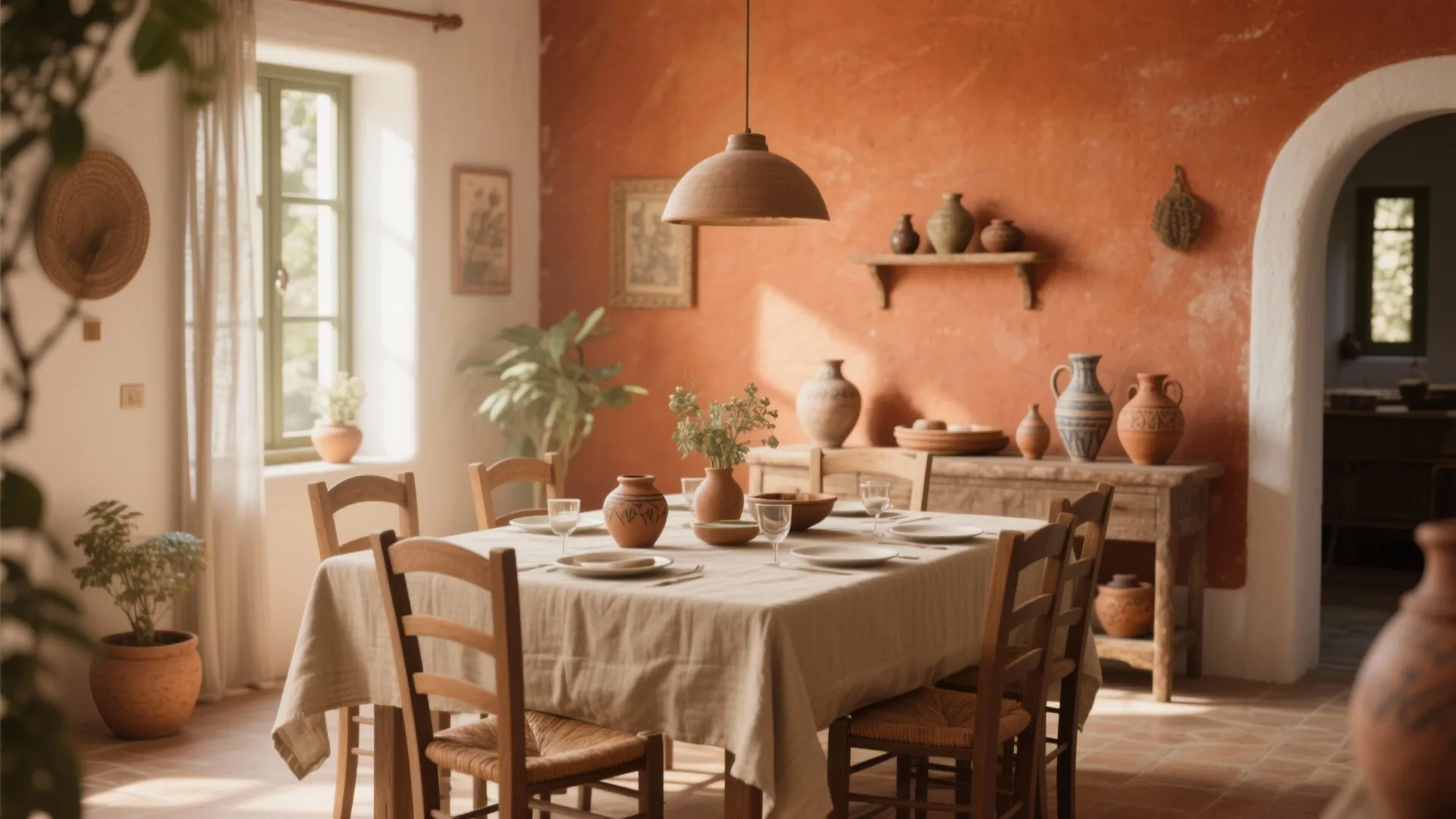 Terracotta accent wall in dining room with Mediterranean decor