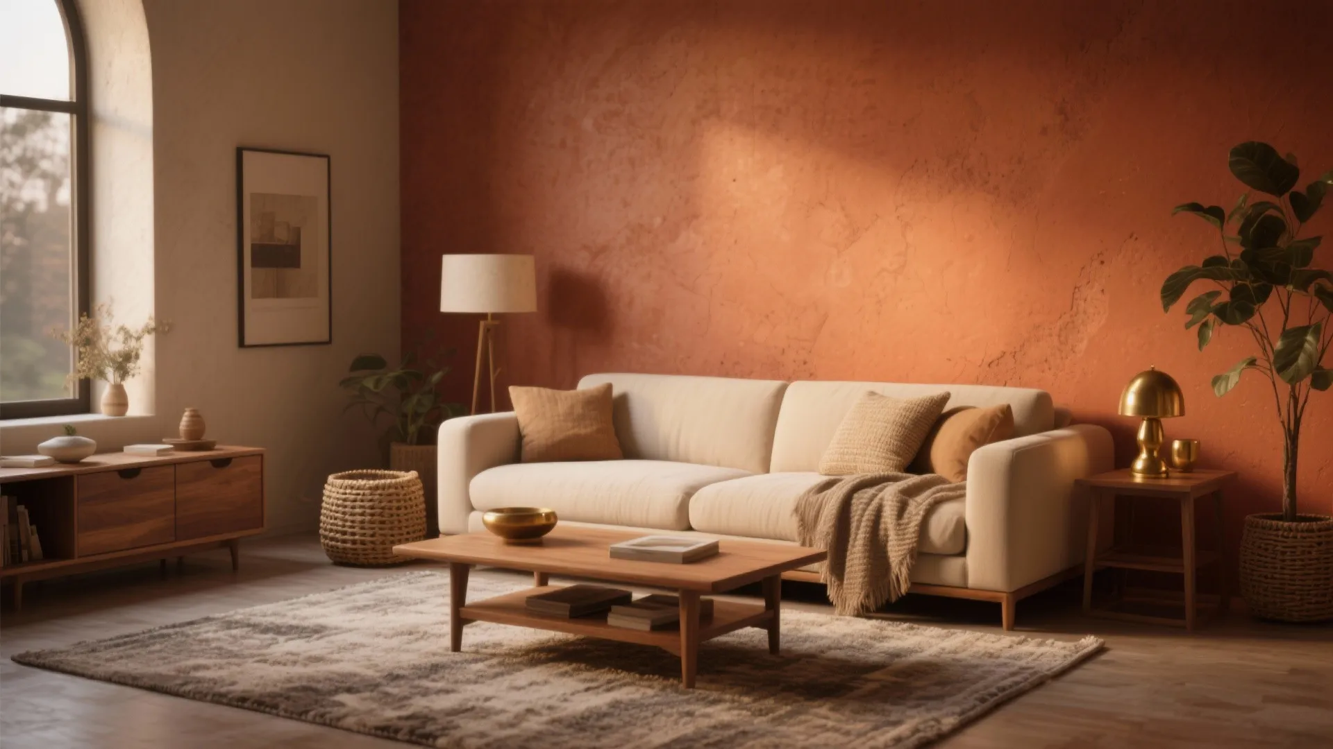Comfortable living room featuring orange wall cream sofa wooden coffee table patterned rug and greenery