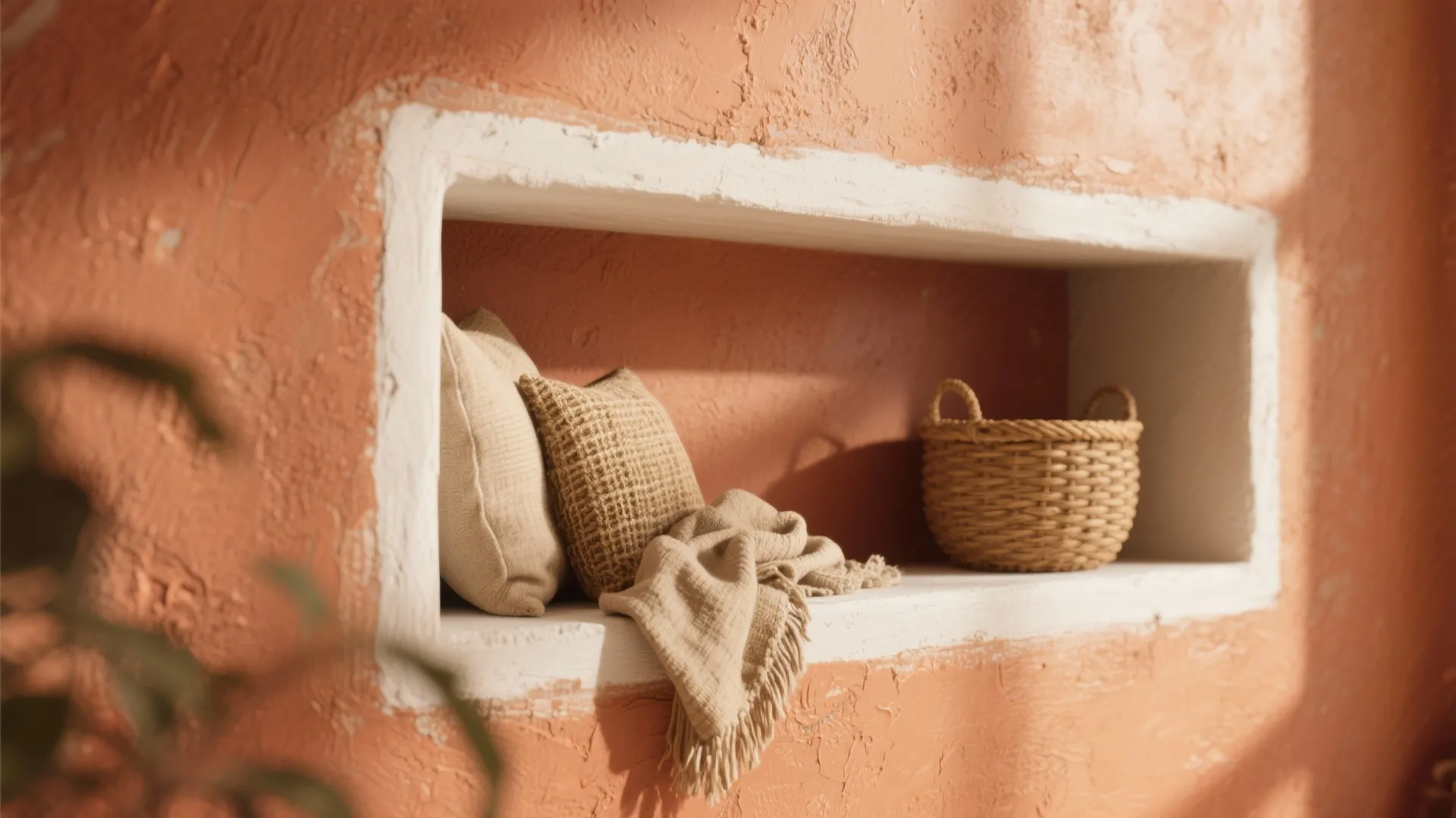 Terracotta wall with white wall shelf containing neutral pillows plus a small brown woven basket