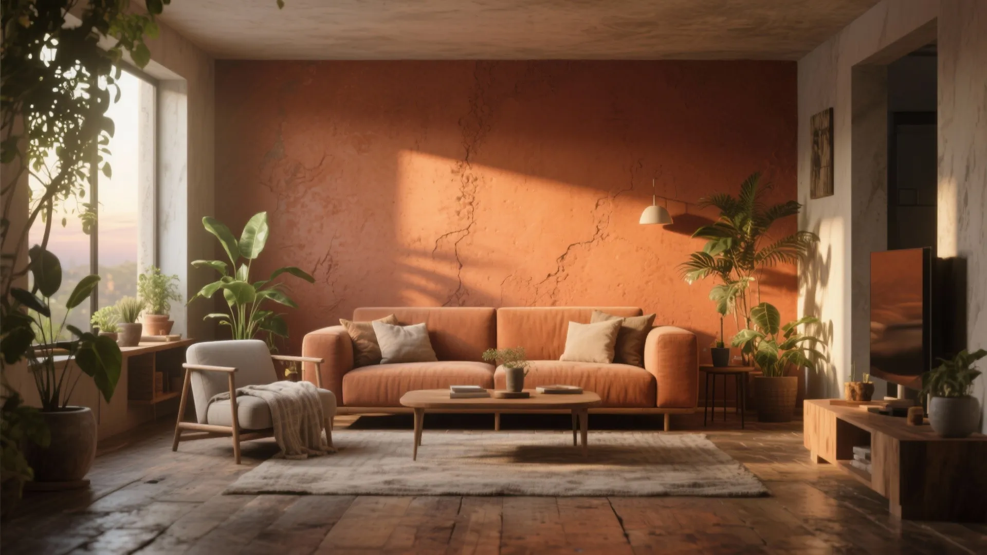 Modern living room featuring terracotta wall orange sofa wooden coffee table plants and warm sunlight