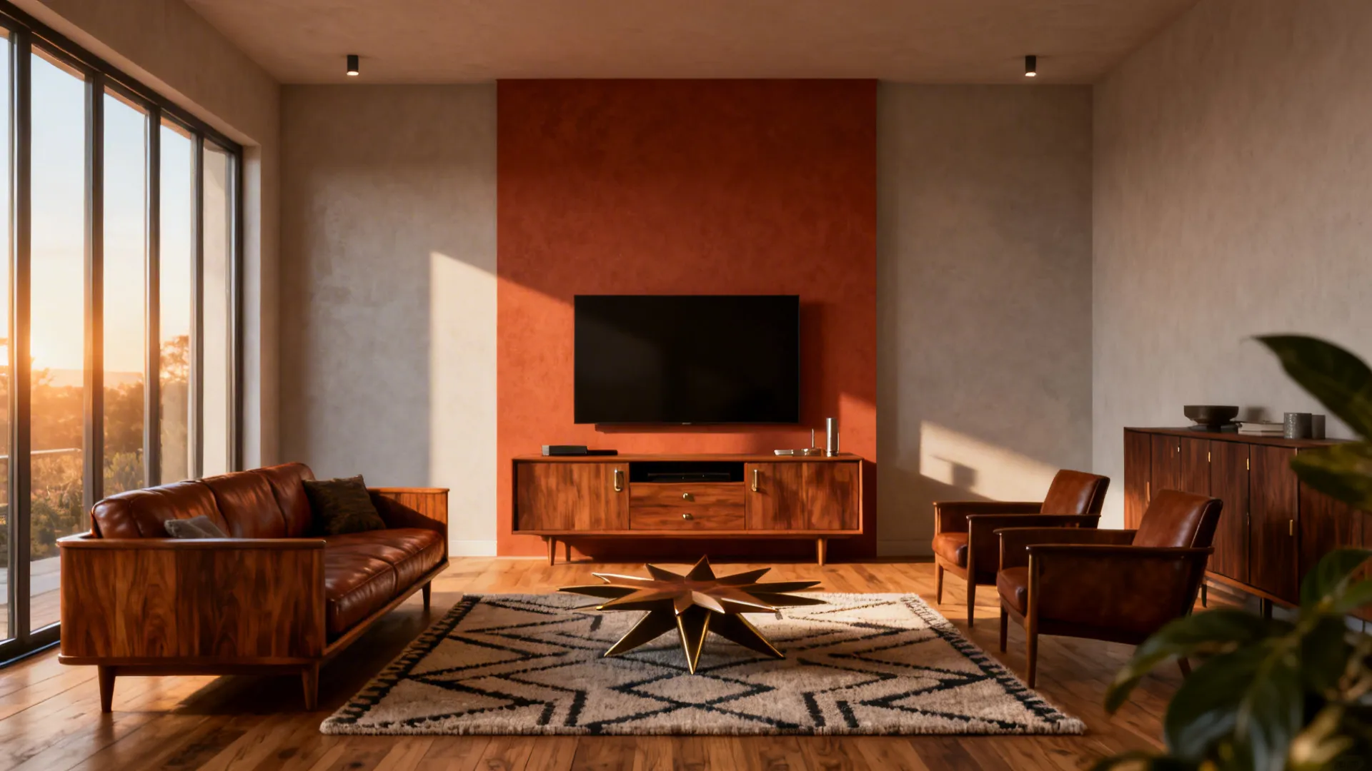 Living room with a warm terracotta accent wall behind the TV and neutral adjacent walls.