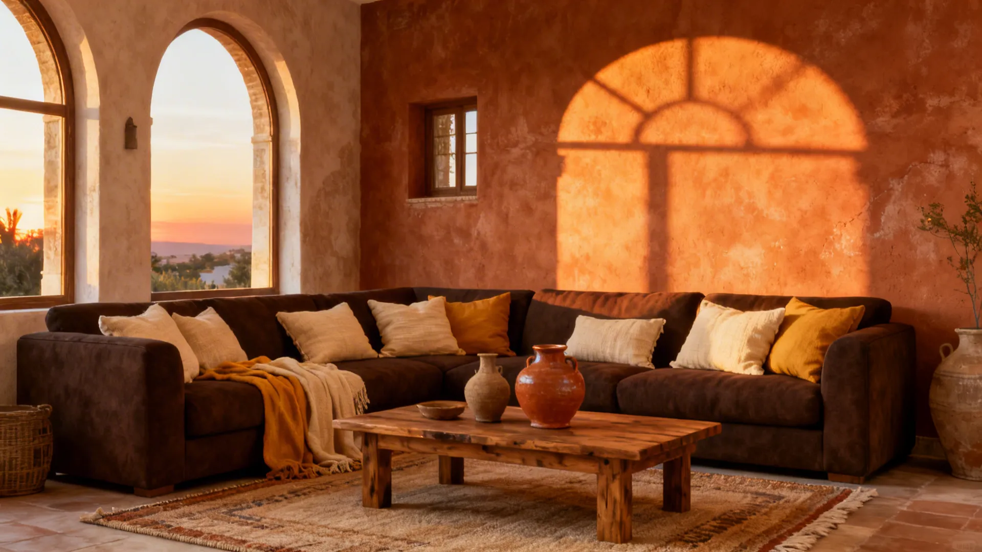 Living room with dark brown sofa and terracotta accent wall with cream textiles