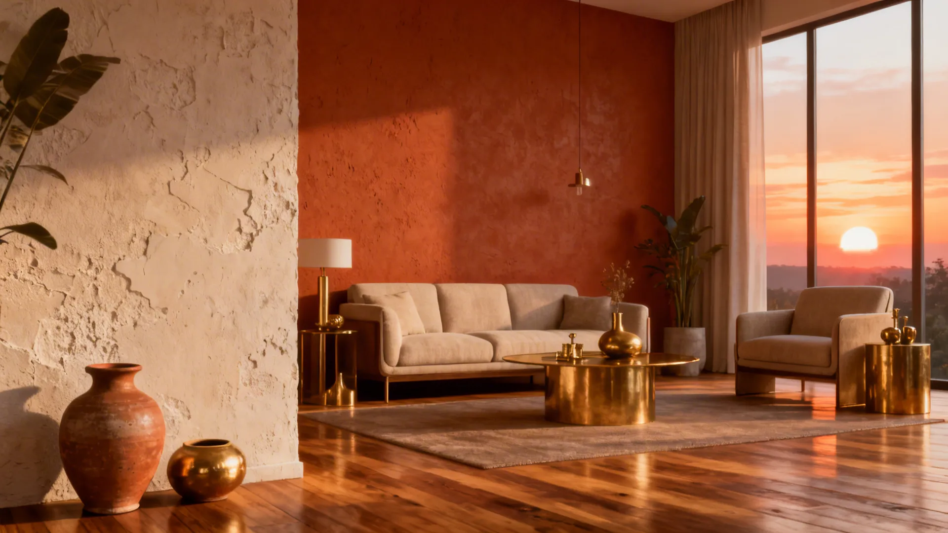 Living room with terracotta accent wall, warm wood and brass details