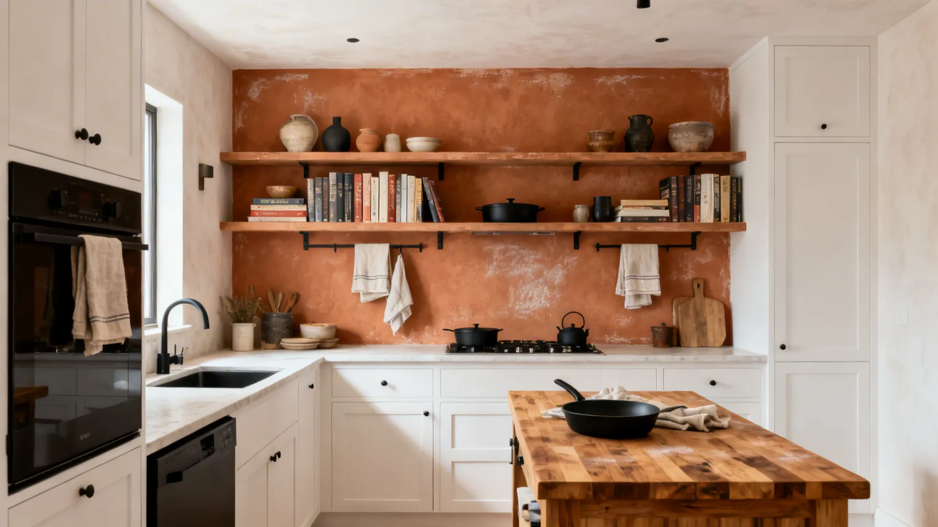 Small kitchen with terracotta feature wall behind open shelves, white cabinets, and warm textures.