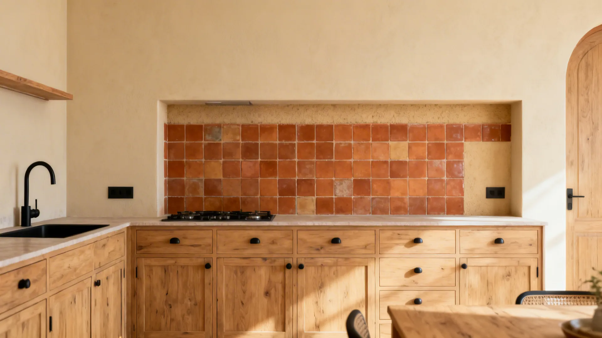 Terracotta-look porcelain backsplash accent in a cozy open-plan kitchenette.