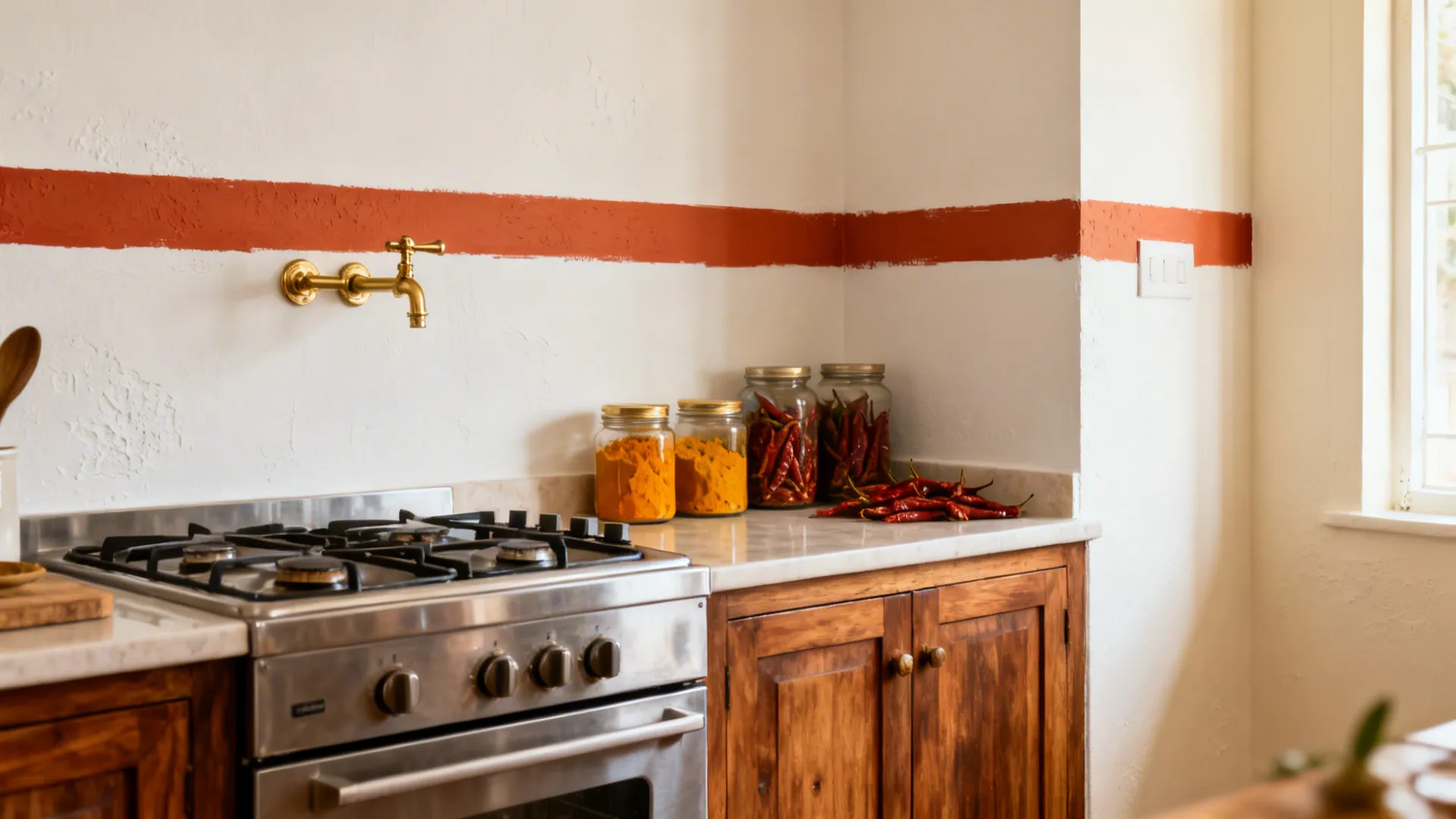 Small kitchen with a terracotta accent band above the backsplash and warm neutral walls.
