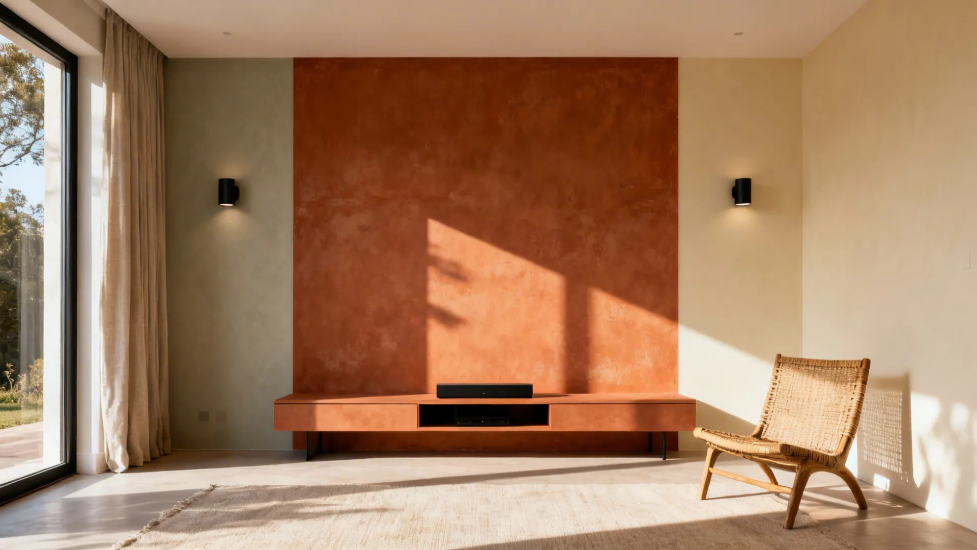 Terracotta accent wall behind a media console with rattan and linen accents.