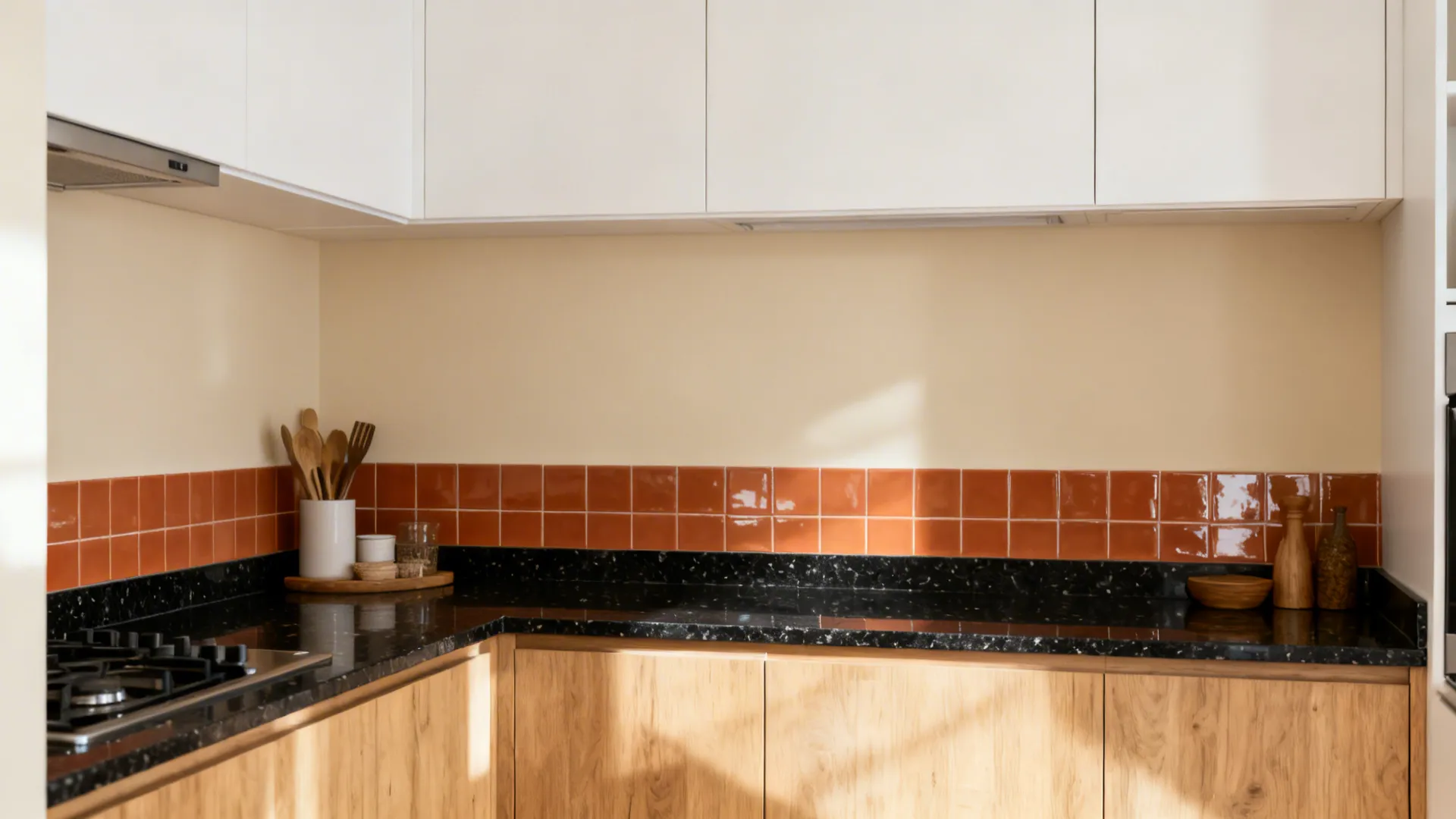 Compact L-shaped kitchen with a terracotta tile accent band against a neutral cream backsplash and wood cabinetry.