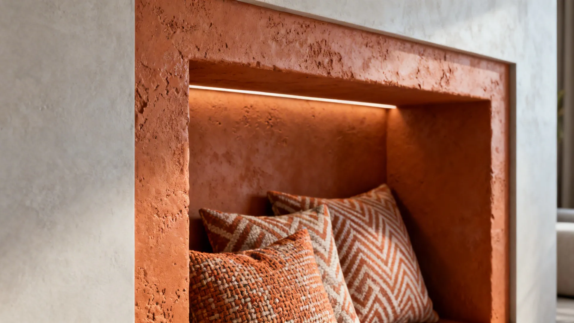 Terracotta fireplace niche with patterned cushions and neutral surroundings, highlighting texture.