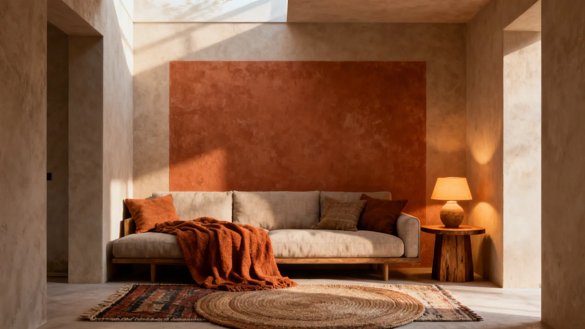 Seating nook with a terracotta accent wall, warm textiles and wooden accents.