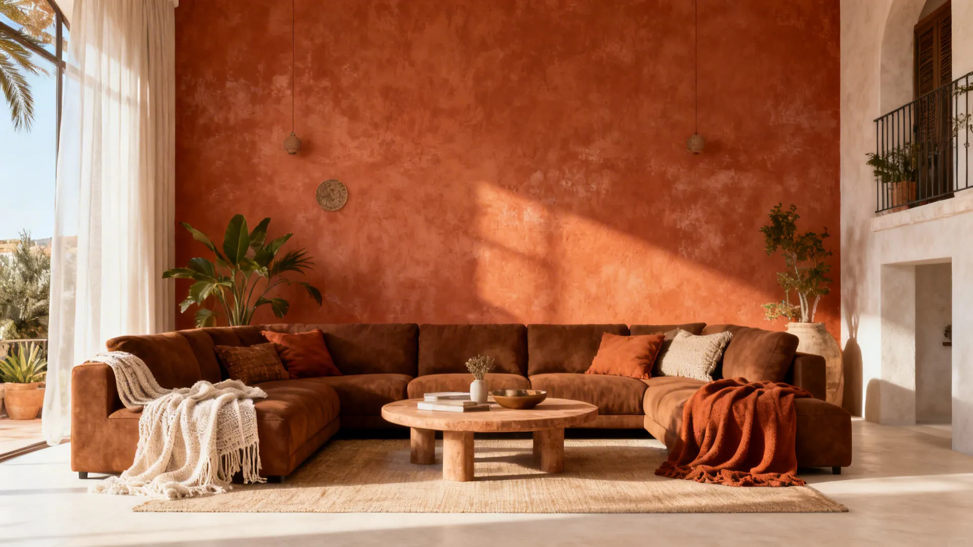 Living room with terracotta accent wall and brown sectional balanced by light textiles.