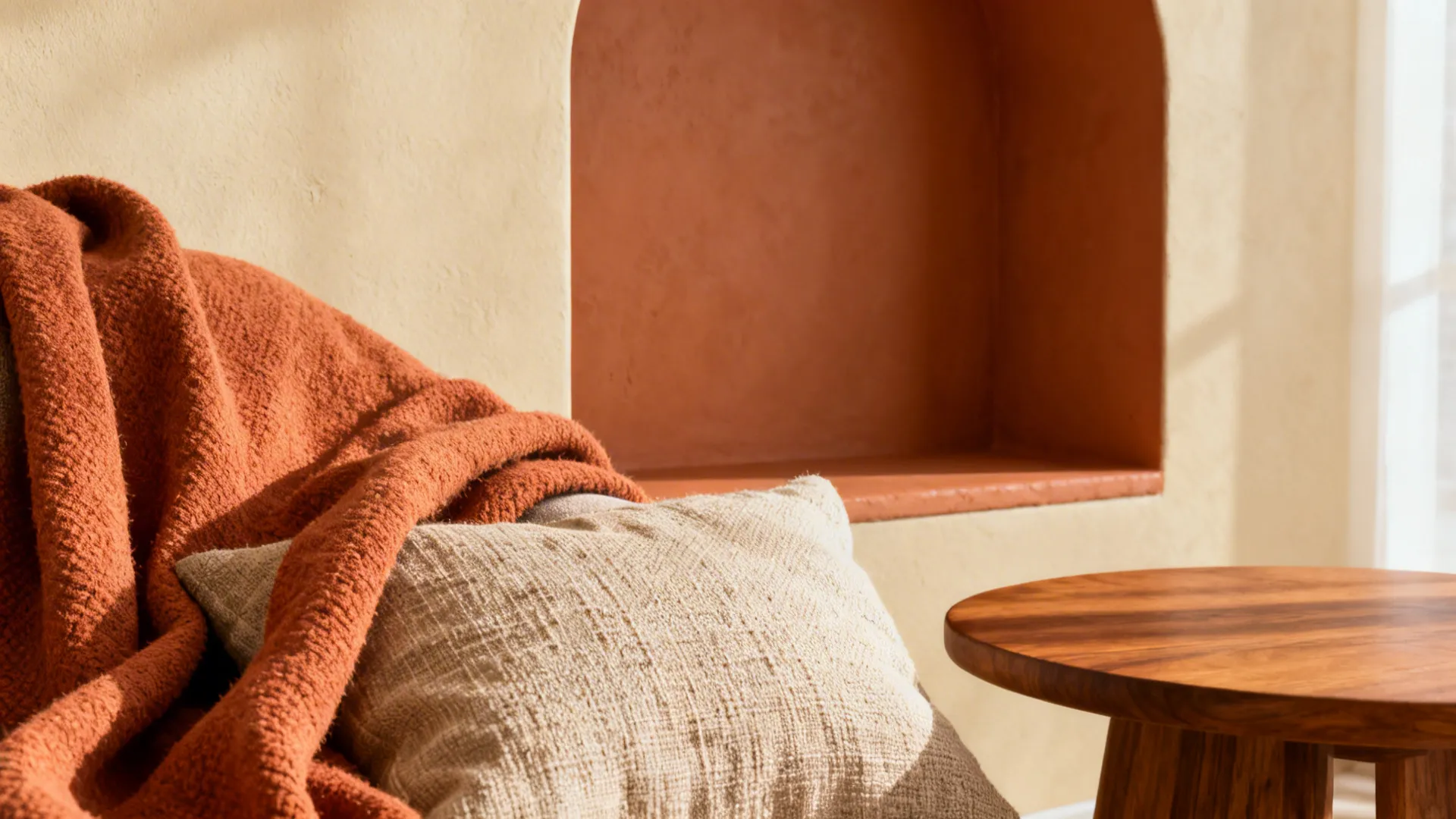 Close-up of terracotta throw and alcove against warm neutral walls with textured linen cushion.