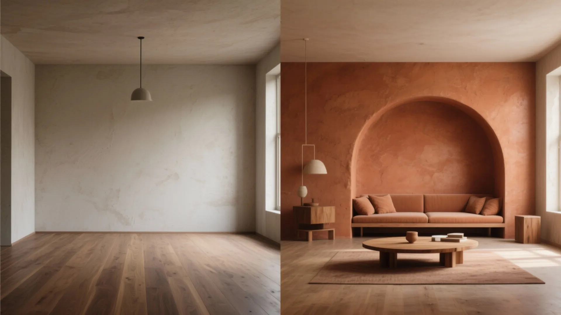 Split before-and-after of living room showing effect of terracotta accent with oak floors