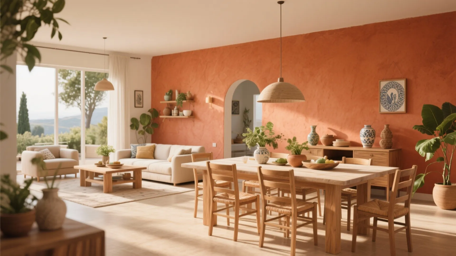 Bright dining room featuring terracotta accent wall wooden table chairs white sofa and natural sunlight decoration