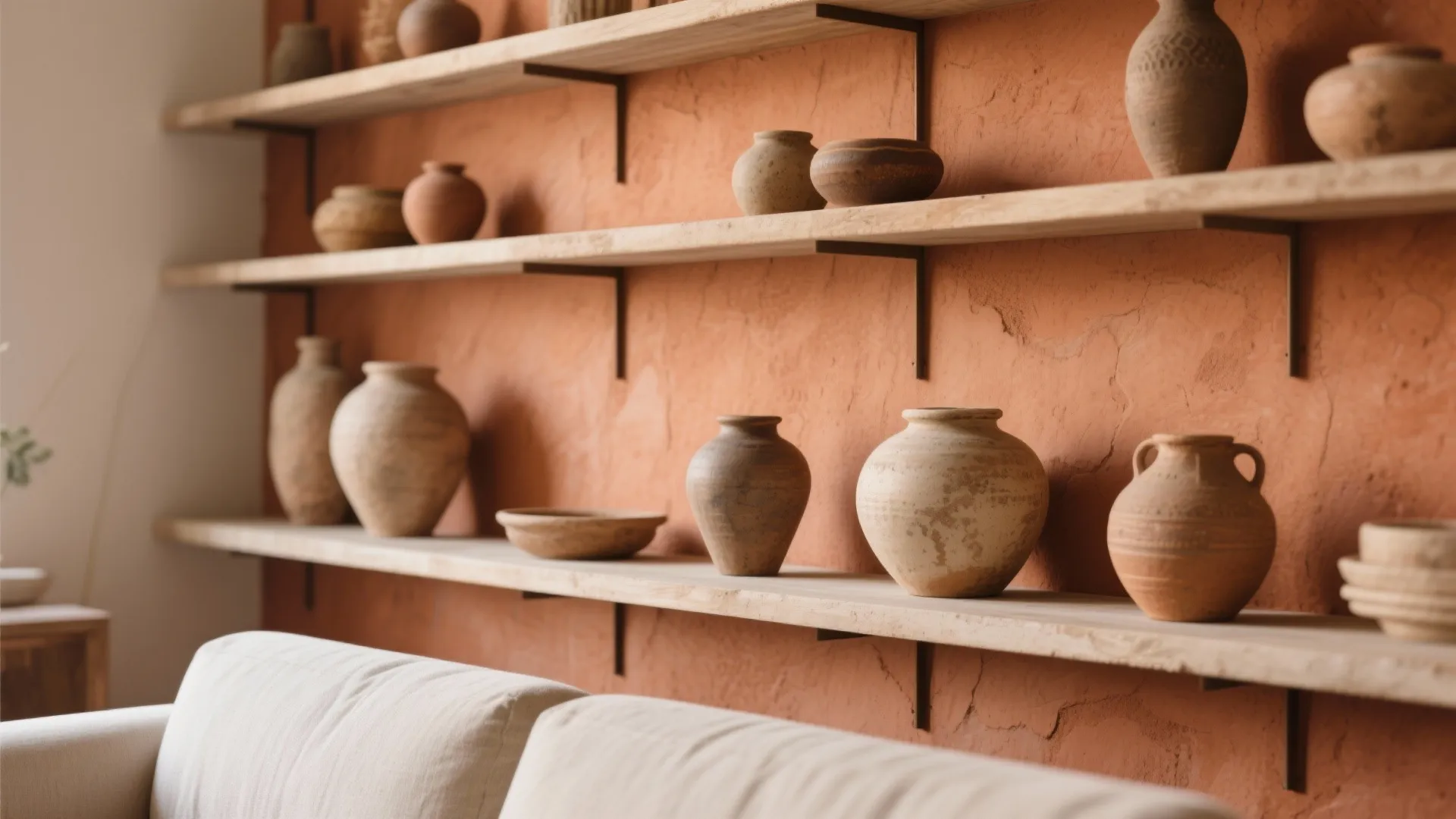 Terracotta textured wall with wooden open shelves holding various clay pots, vases, and white sofa
