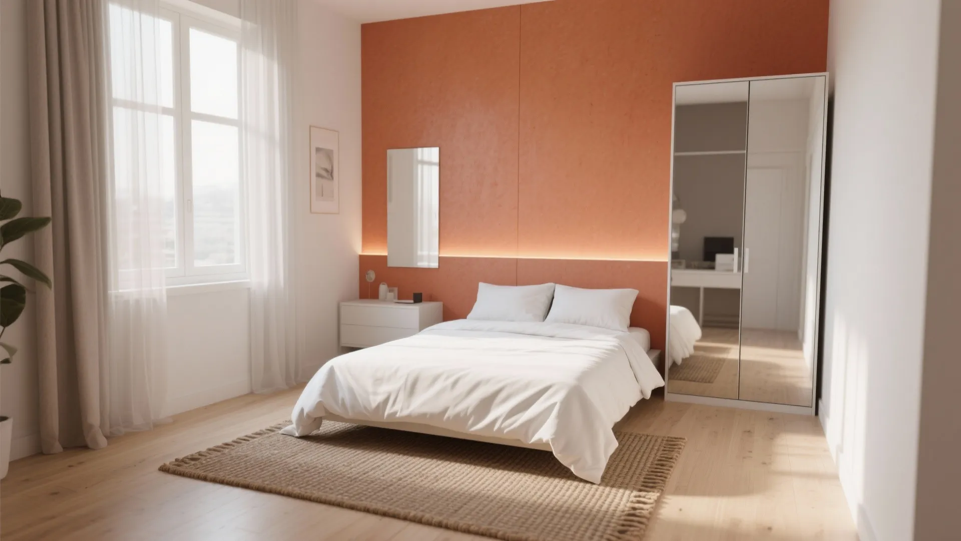 Studio bedroom with a terracotta accent wall, white bedding and mirrored surfaces to boost light