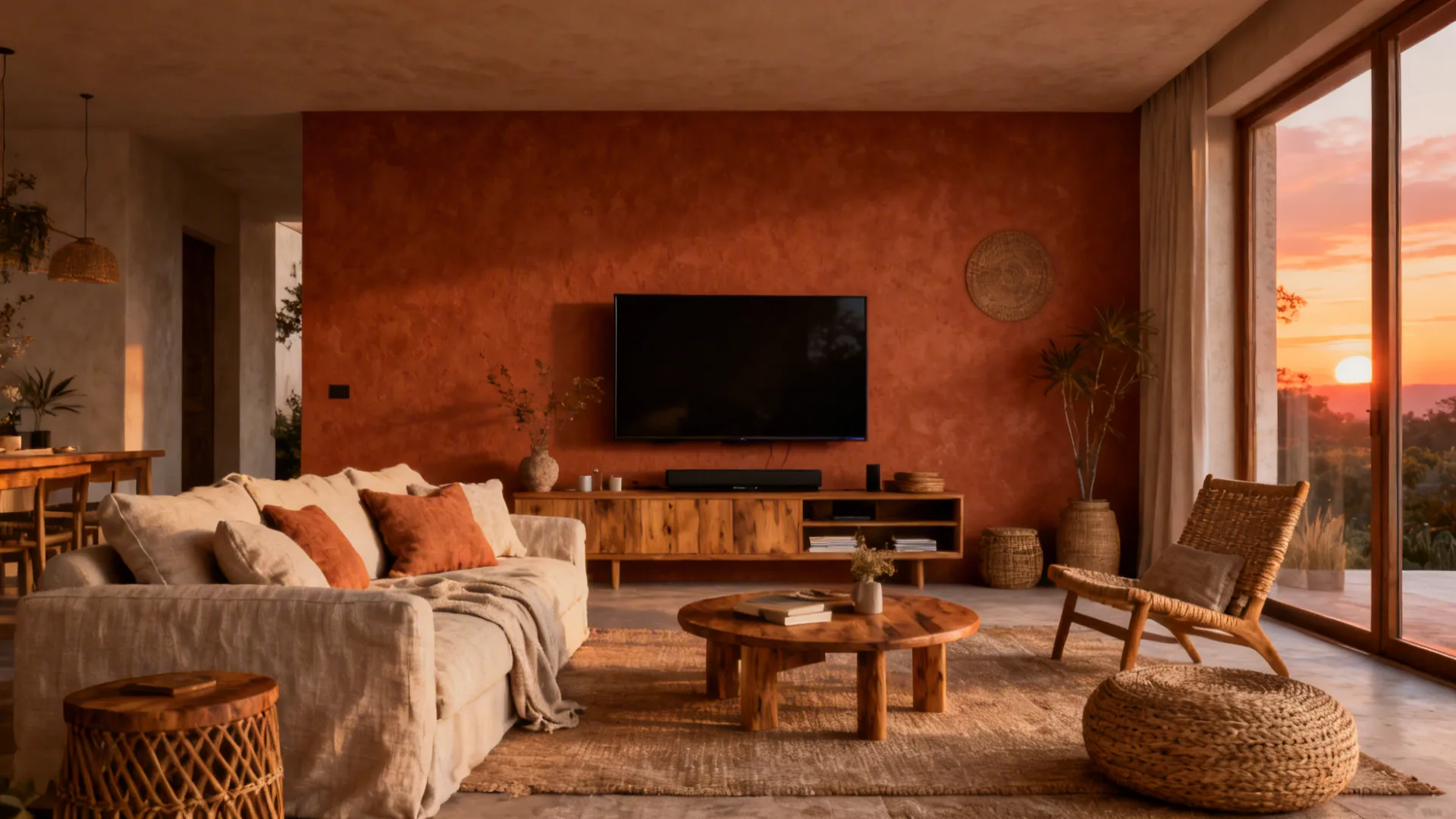 Living room featuring a terracotta accent wall behind the TV with linen cushions and natural textures.