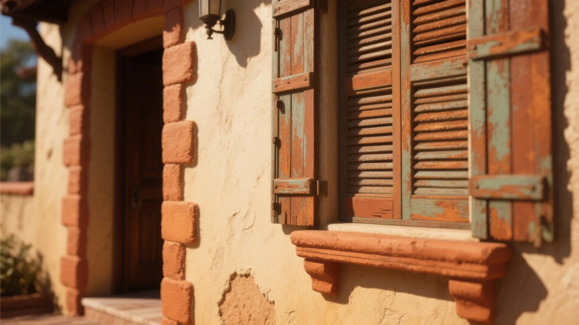 Rustic house exterior with warm wall texture weathered wooden shutters wall light and orange brick