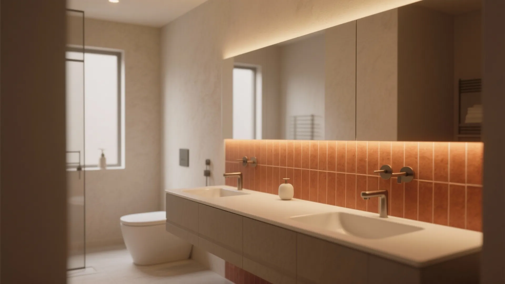 Warm monochrome bathroom with a terracotta tile backsplash and beige finishes.