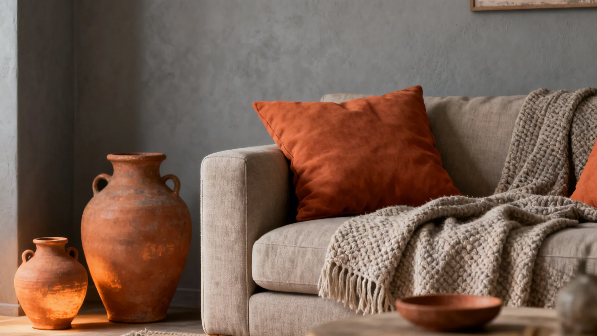 Terracotta and clay accents on textiles and vases in an Agreeable Gray living room.