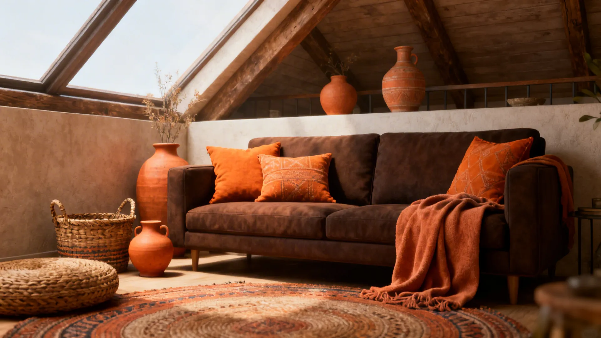 Compact loft with terracotta pillows and dark brown sofa creating warm bohemian feel.