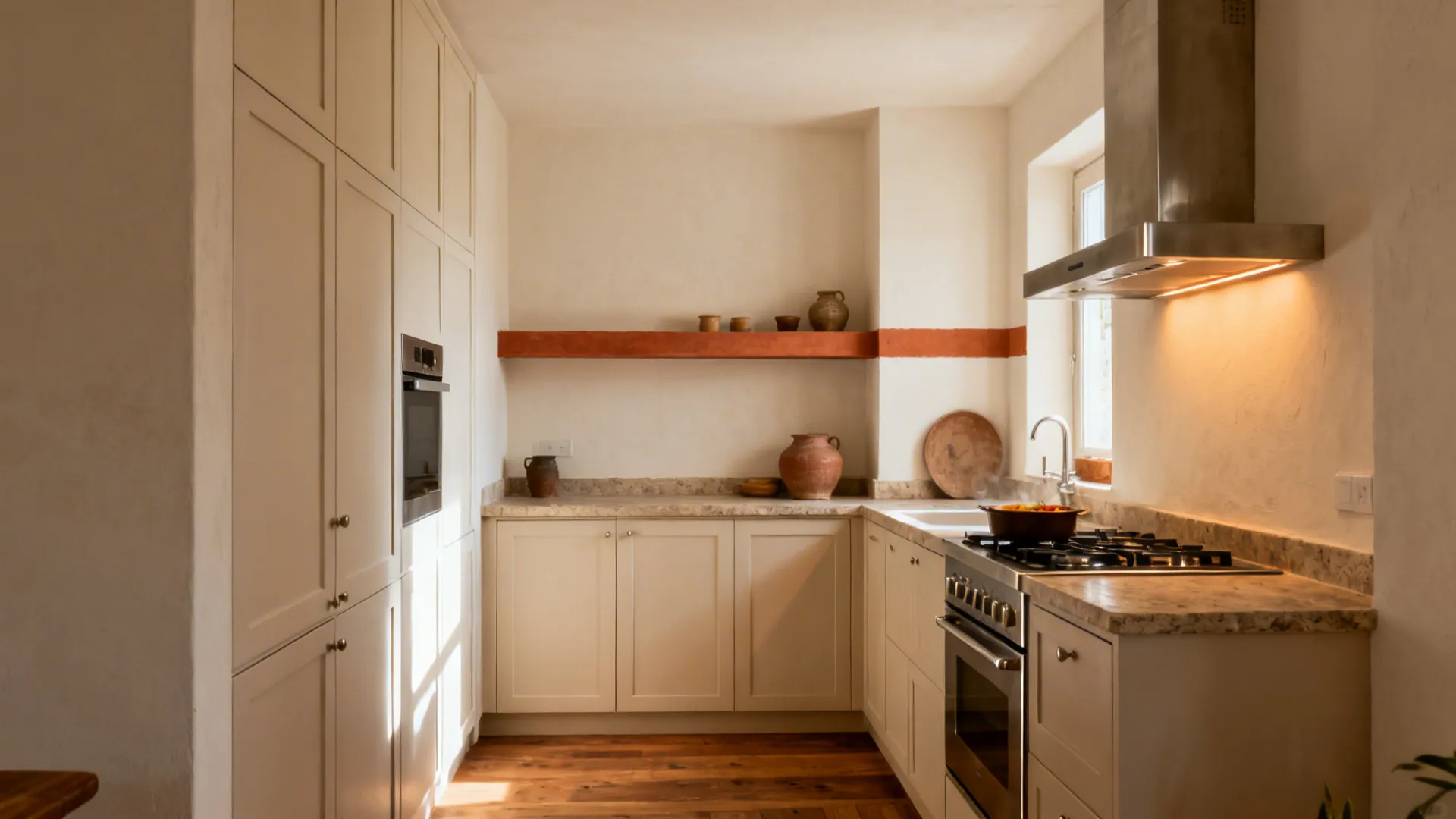 Off-white small kitchen with a terracotta shelf band and ceramics adding warm accents.