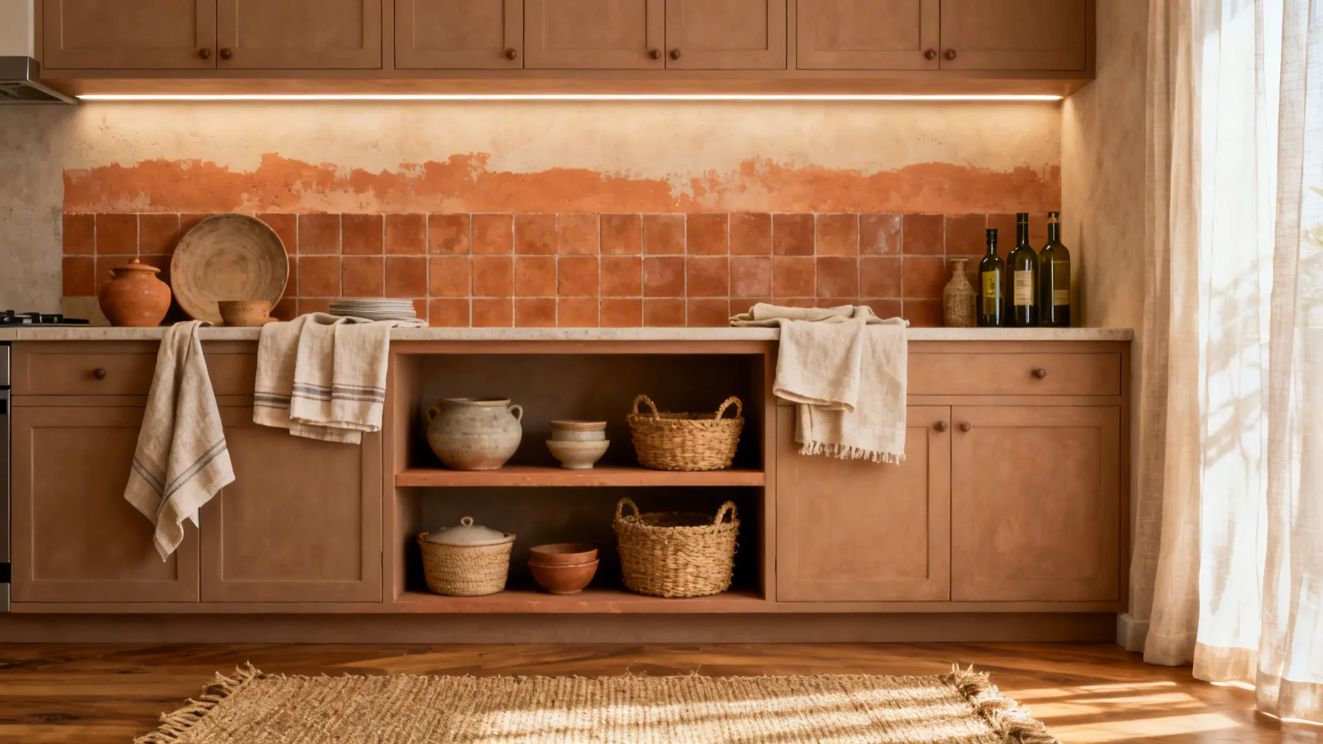 Rustic kitchen with terracotta tiles brown cabinets woven baskets ceramic jars and warm indoor lighting