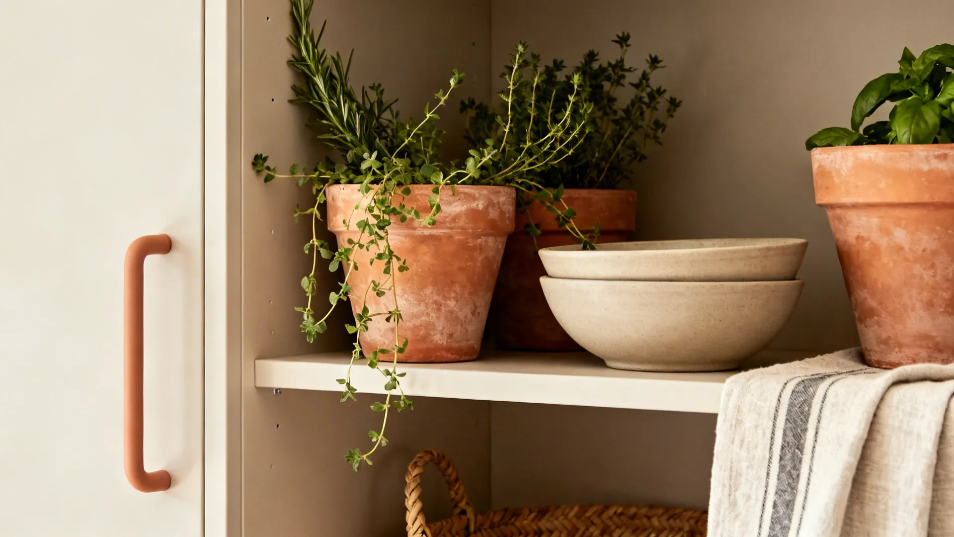Terracotta Accents: Open Shelves, Planters, and Hardware