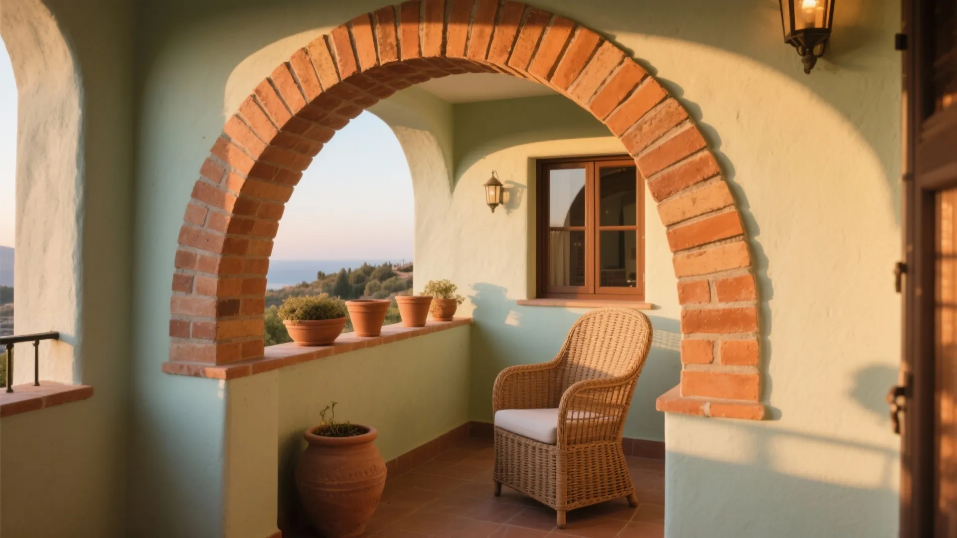 Terracotta tile-clad balcony arch with sunset light creating rich shadow play.