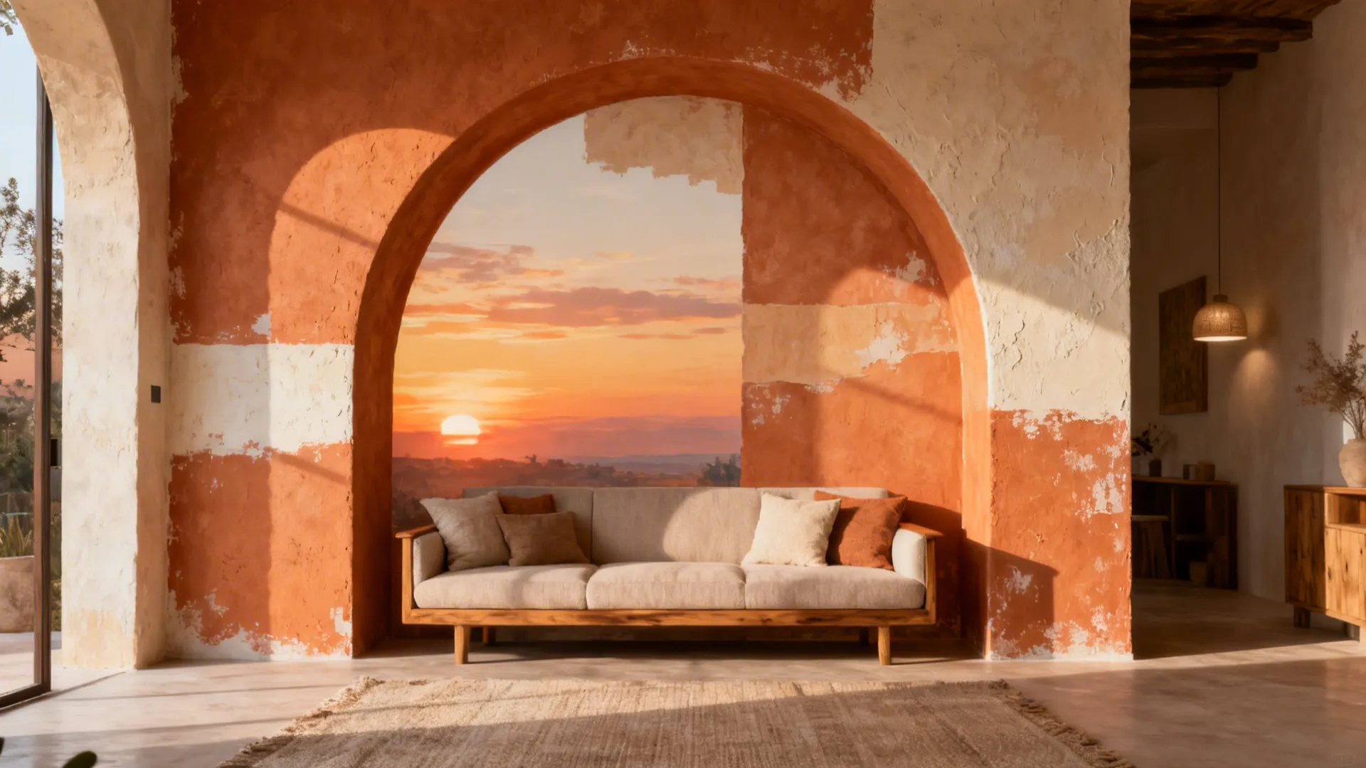 Rustic interior with a terracotta arch wall mural showing a sunset behind a wooden sofa