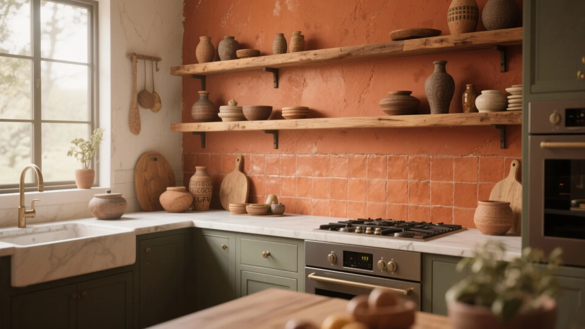 Rustic kitchen featuring terracotta wall tiles wooden shelves green cabinets white marble counter and clay pots
