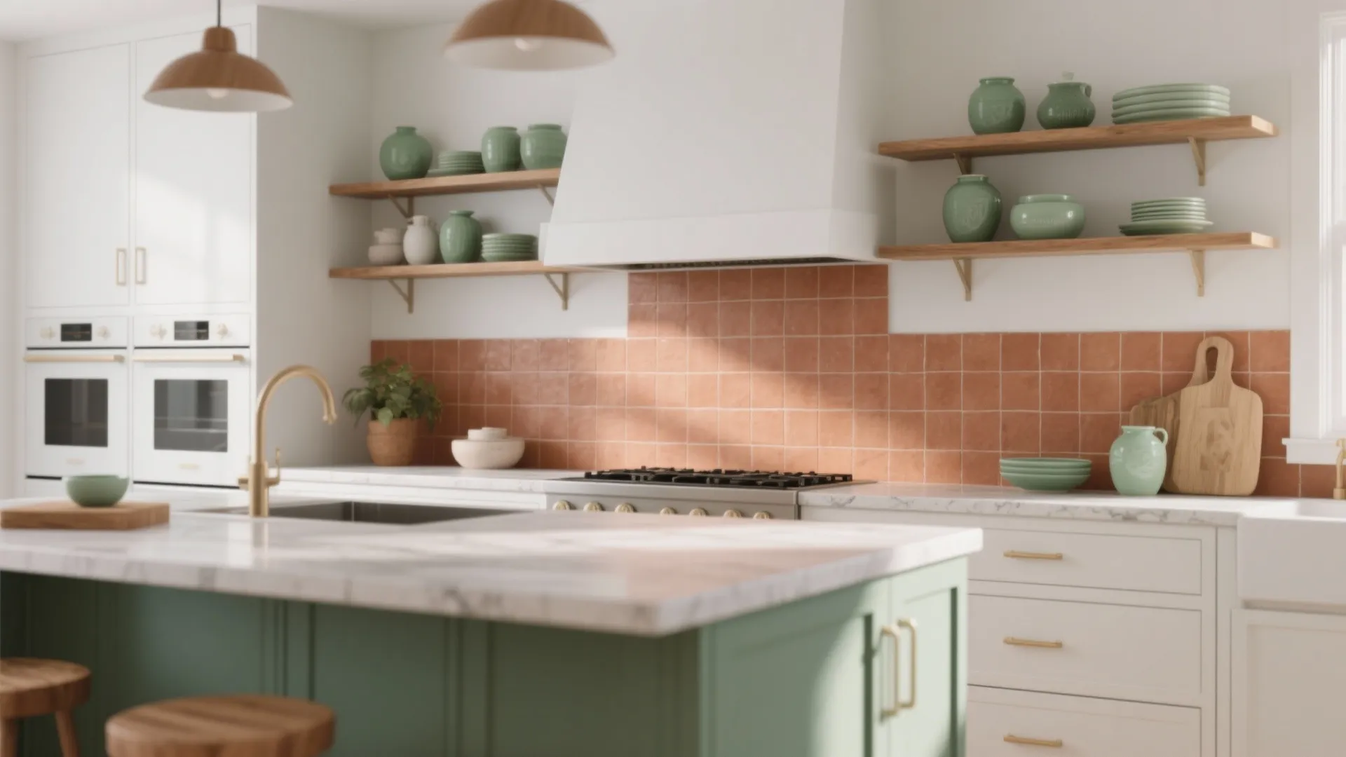 Kitchen with orange wall tiles white cabinets green island and wooden shelves with green pots