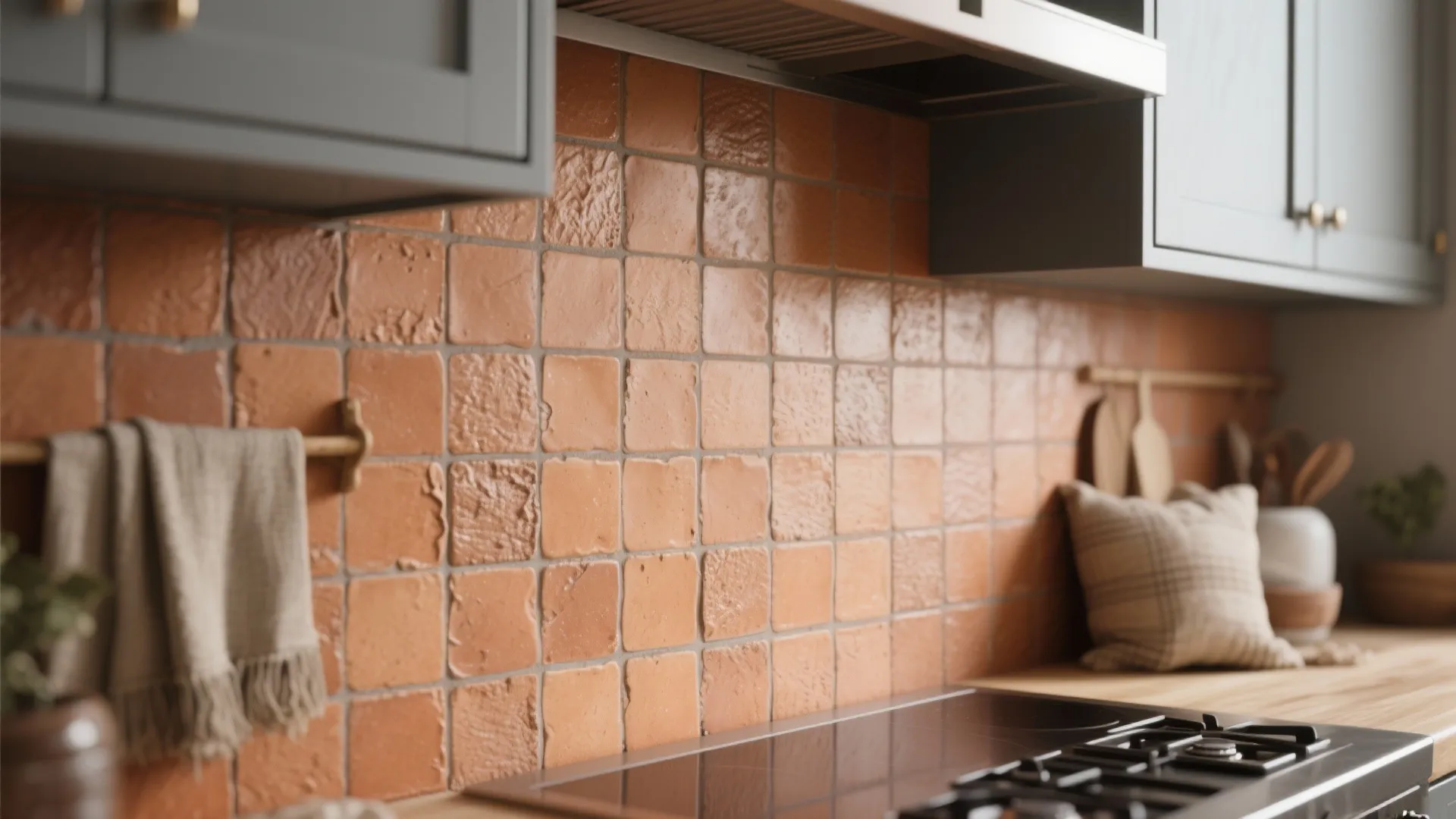 Terracotta tile backsplash next to cool grey cabinets creating warm, textured contrast.